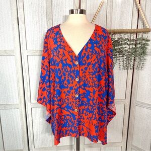3/$22🩶 Shein Curve Red Blue Print Flare Short Sleeve Button Up Top Plus Size 4X